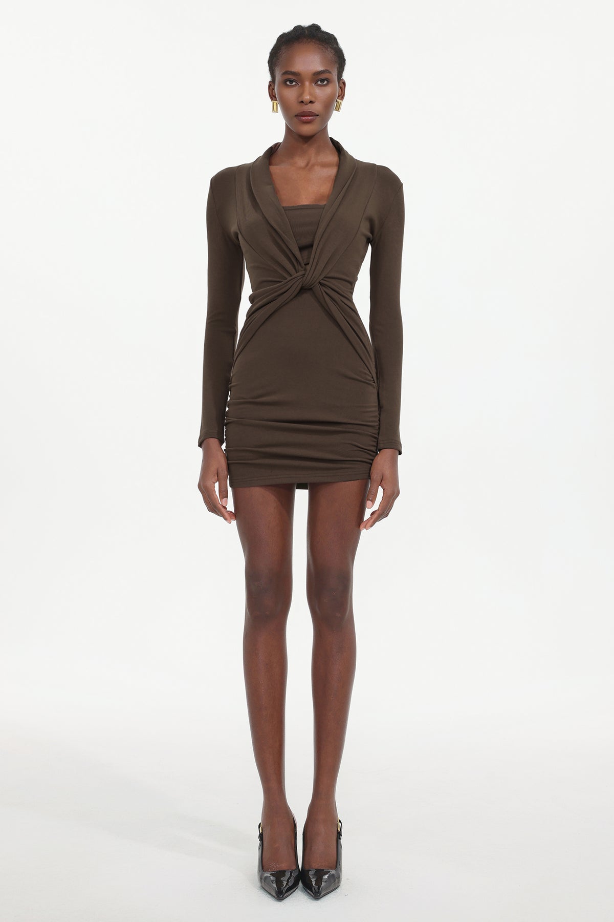 Elleri Elegant Contour Long Sleeve Twist Knit Mini Dress