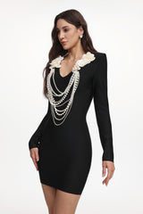 Whitley Elegant Contour Long Sleeve Pearl Chain Floral Bandage Mini Dress
