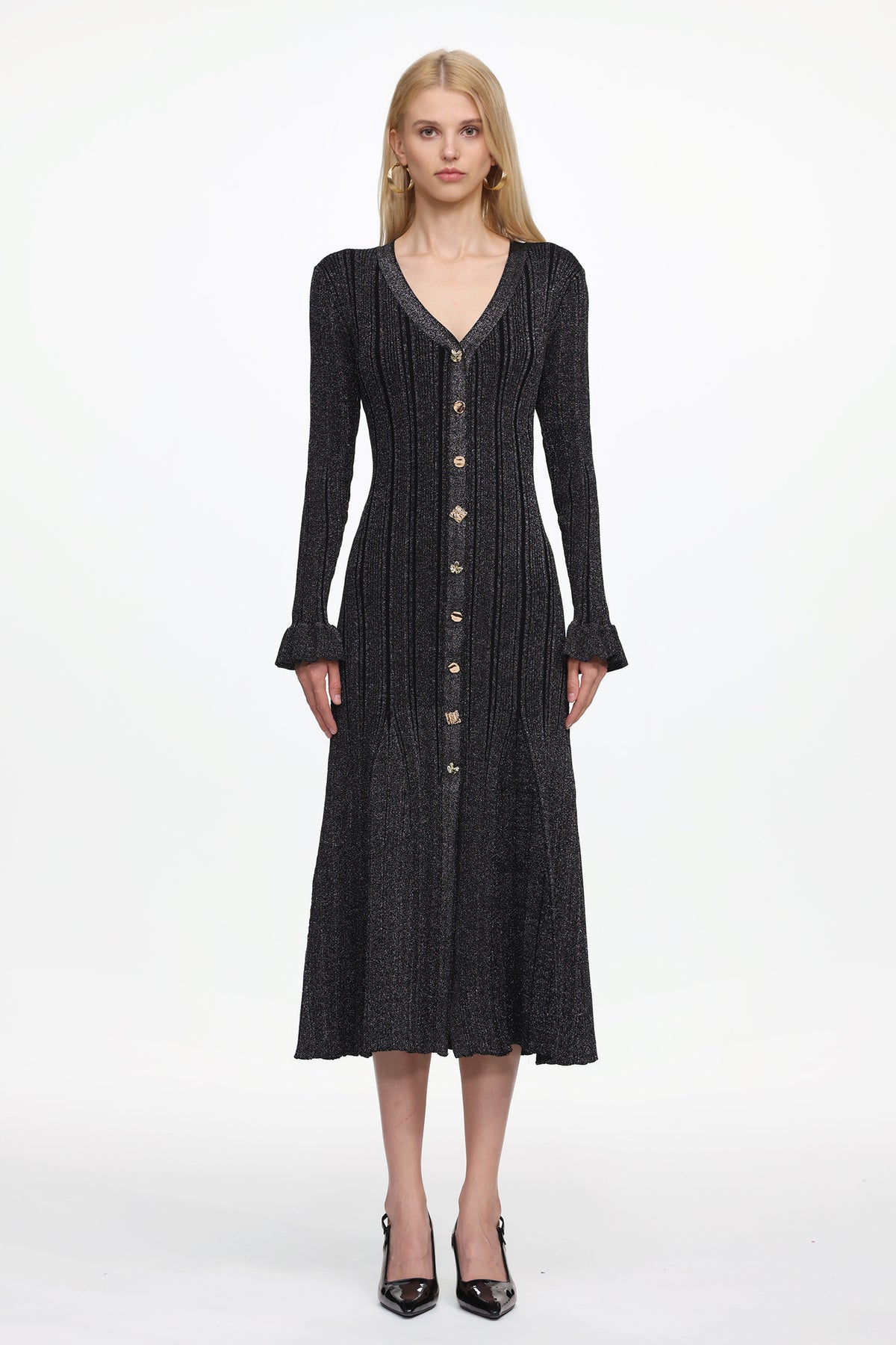 Verga Classic Contour Long Sleeve Button Front Knit Maxi Dress