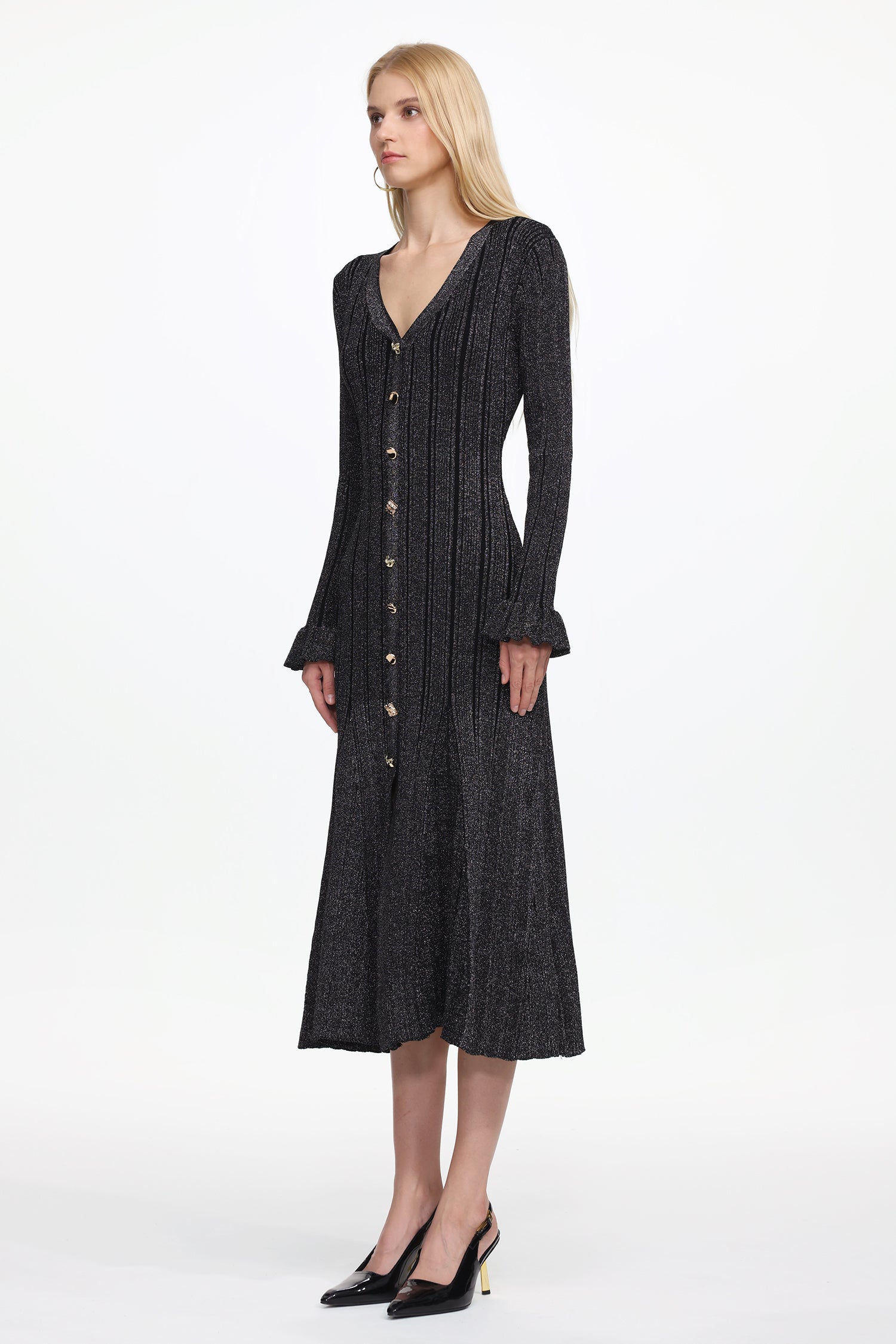 Verga Classic Contour Long Sleeve Button Front Knit Maxi Dress