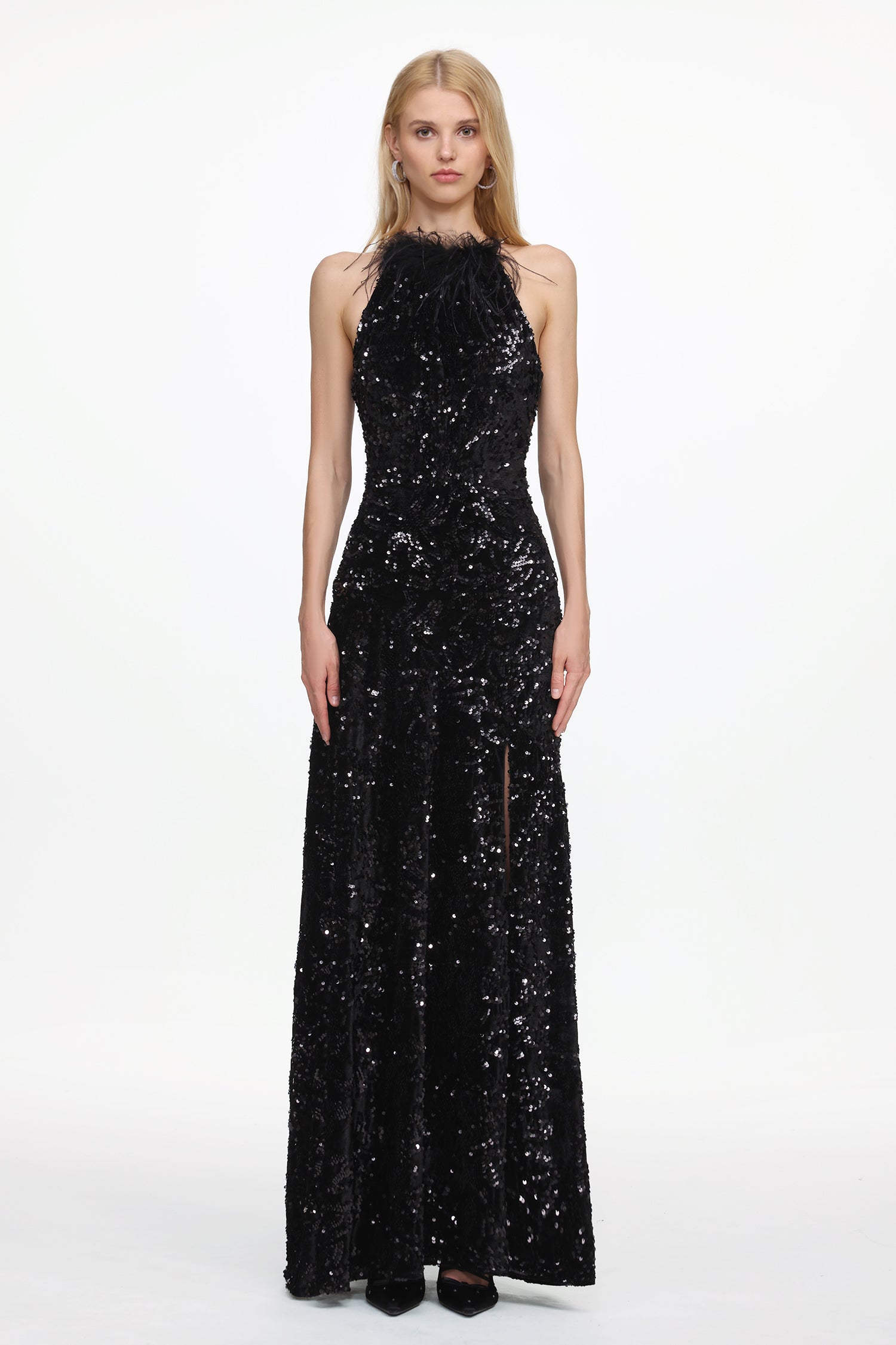 Glamorous Contour Sleeveless Feather Sequin High Slit Velvet Maxi Dress