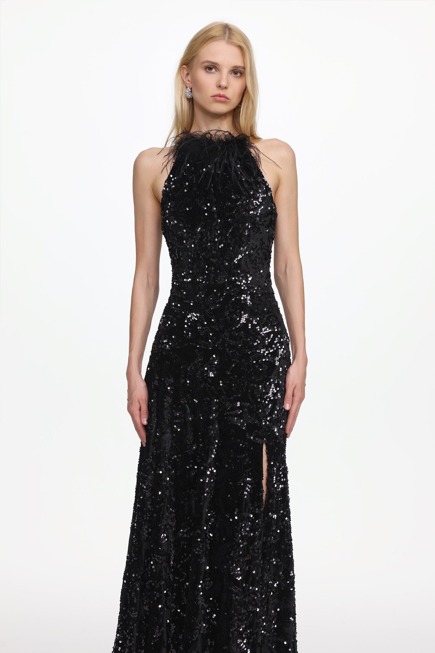Glamorous Contour Sleeveless Feather Sequin High Slit Velvet Maxi Dress