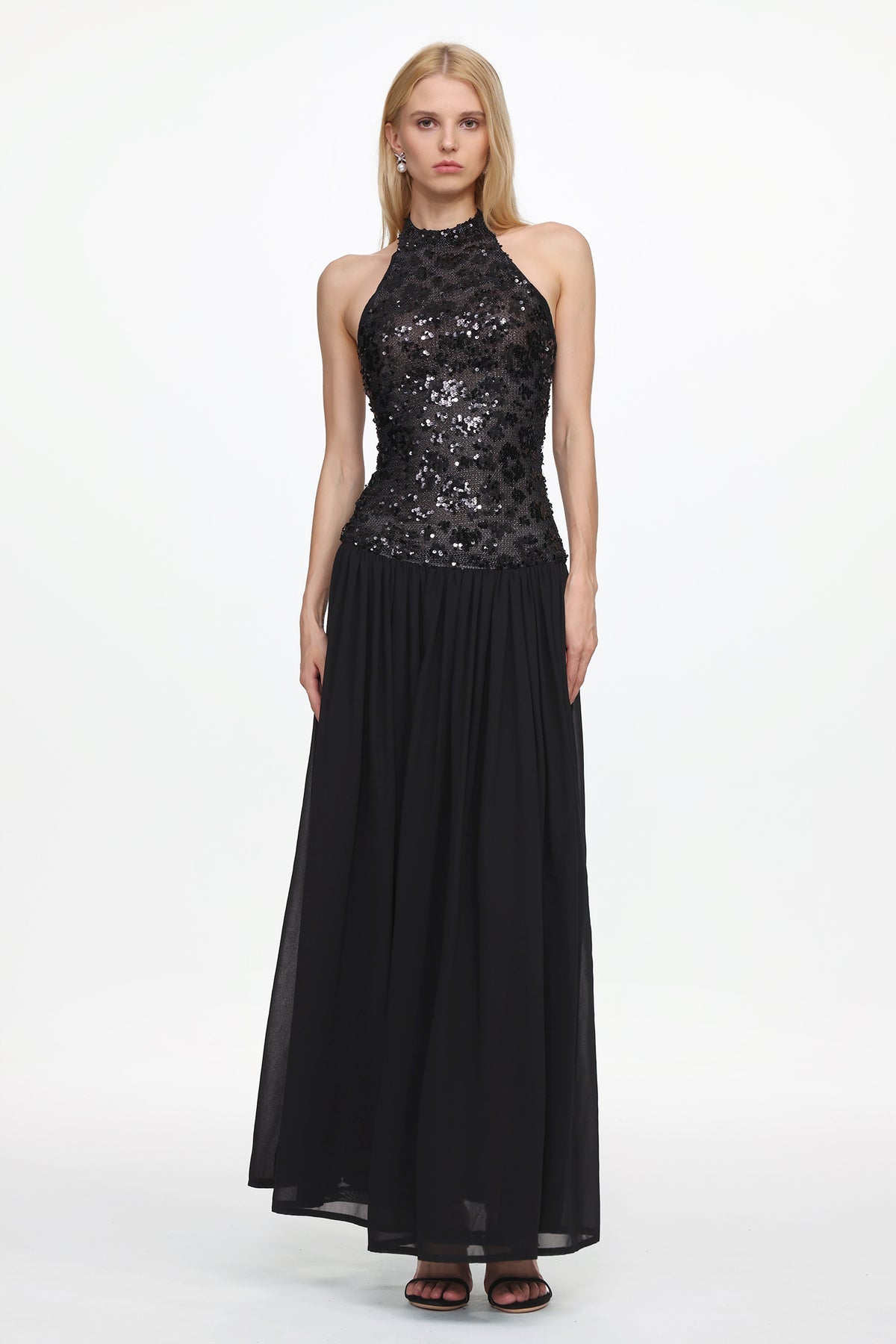 Encho Glamorous Contour Halter Ruched Mesh Sequin Maxi Dress