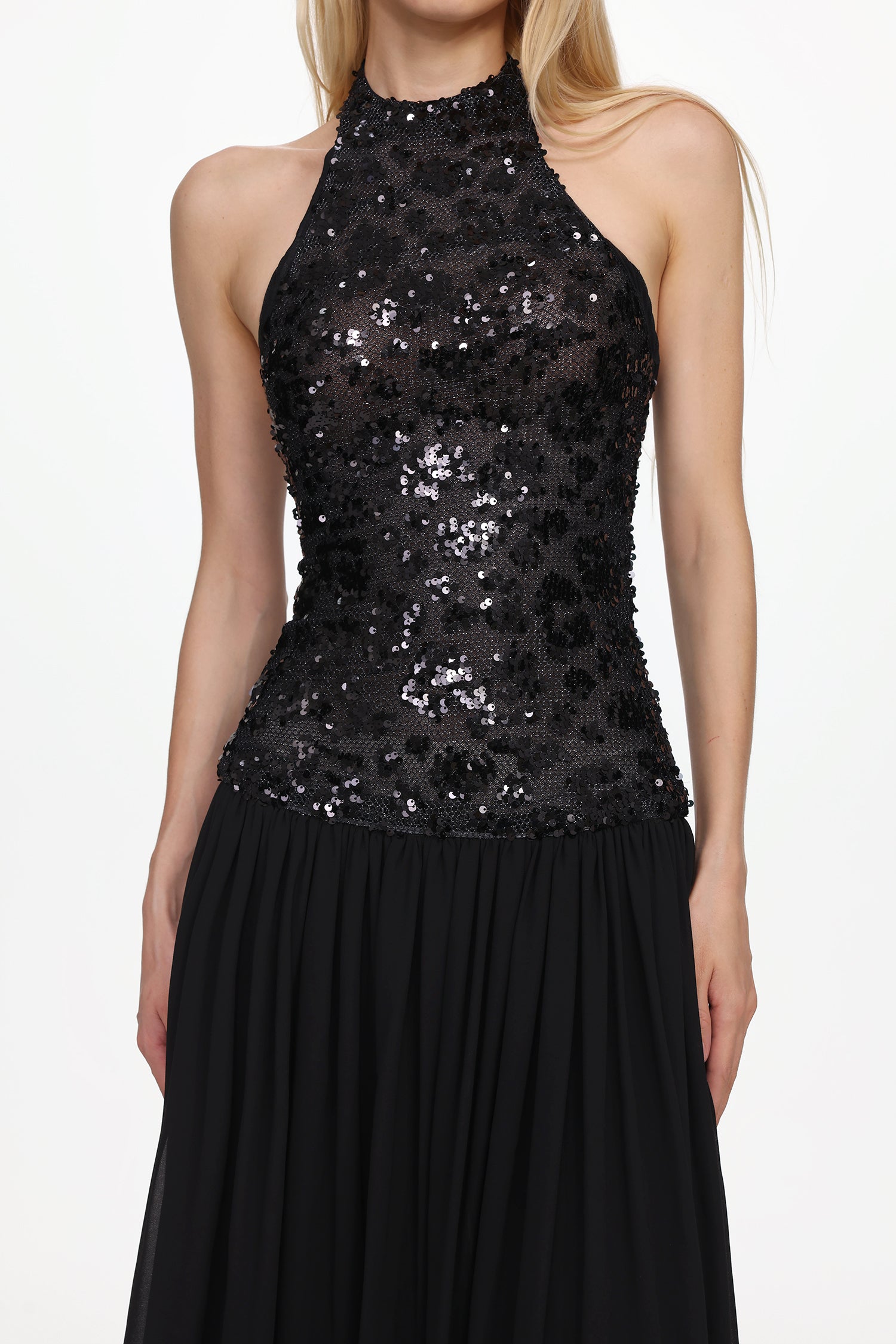 Encho Glamorous Contour Halter Ruched Mesh Sequin Maxi Dress