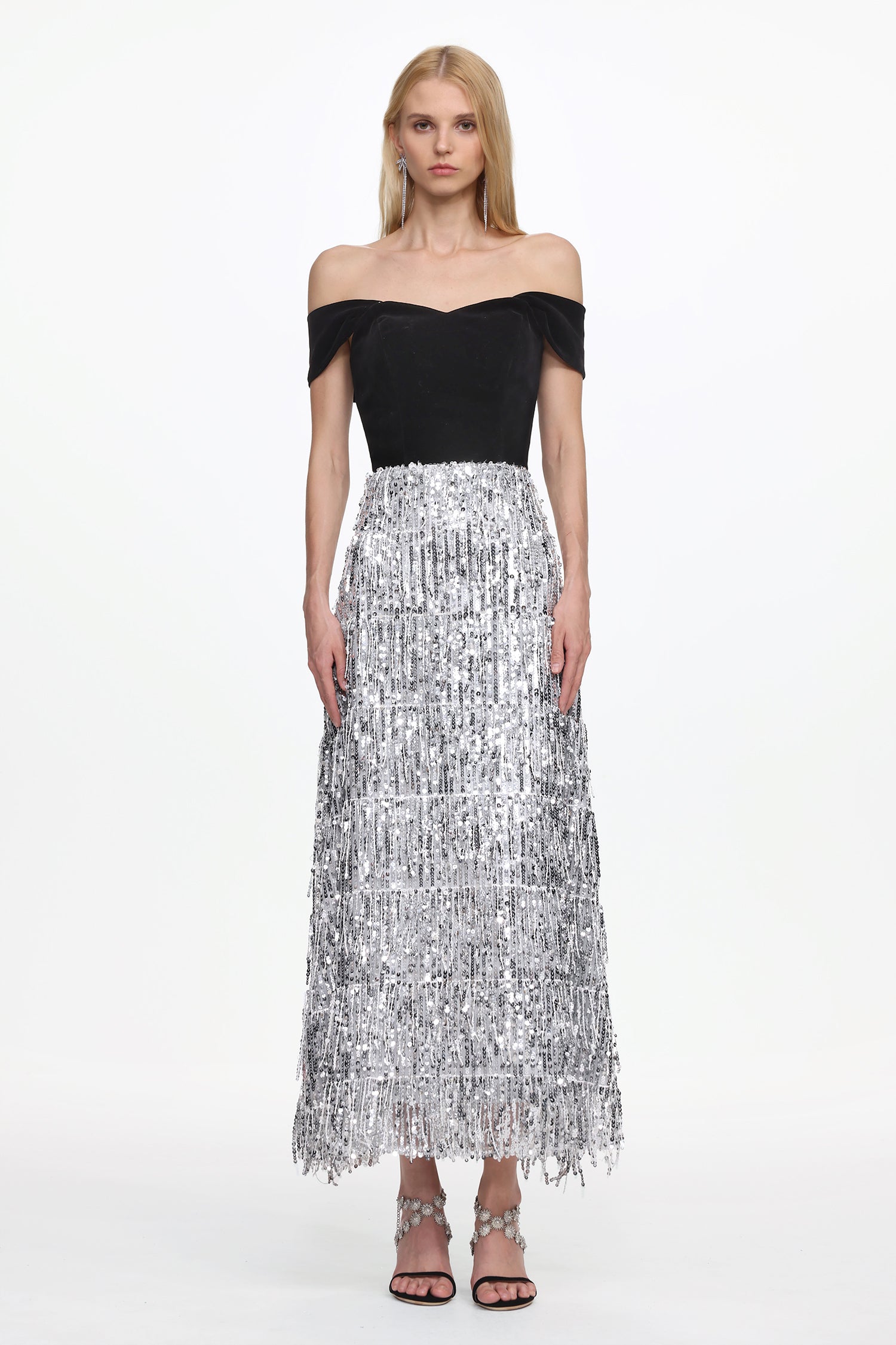 Merrit Glamorous Contour Off Shoulder Fringe Velvet Maxi Dress