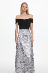 Merrit Glamorous Contour Off Shoulder Fringe Velvet Maxi Dress