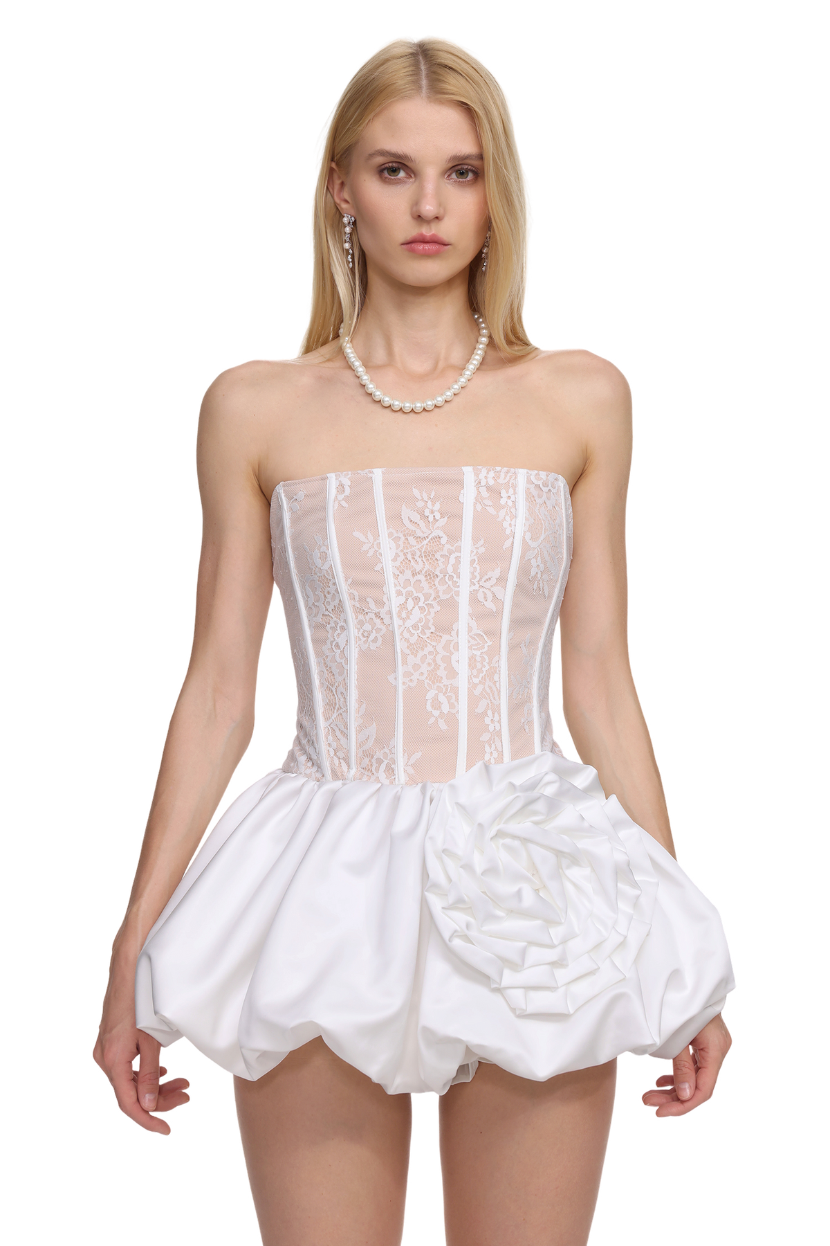 Lzada Romantic Contour Strapless Floral Lace Corset White Mini Dress