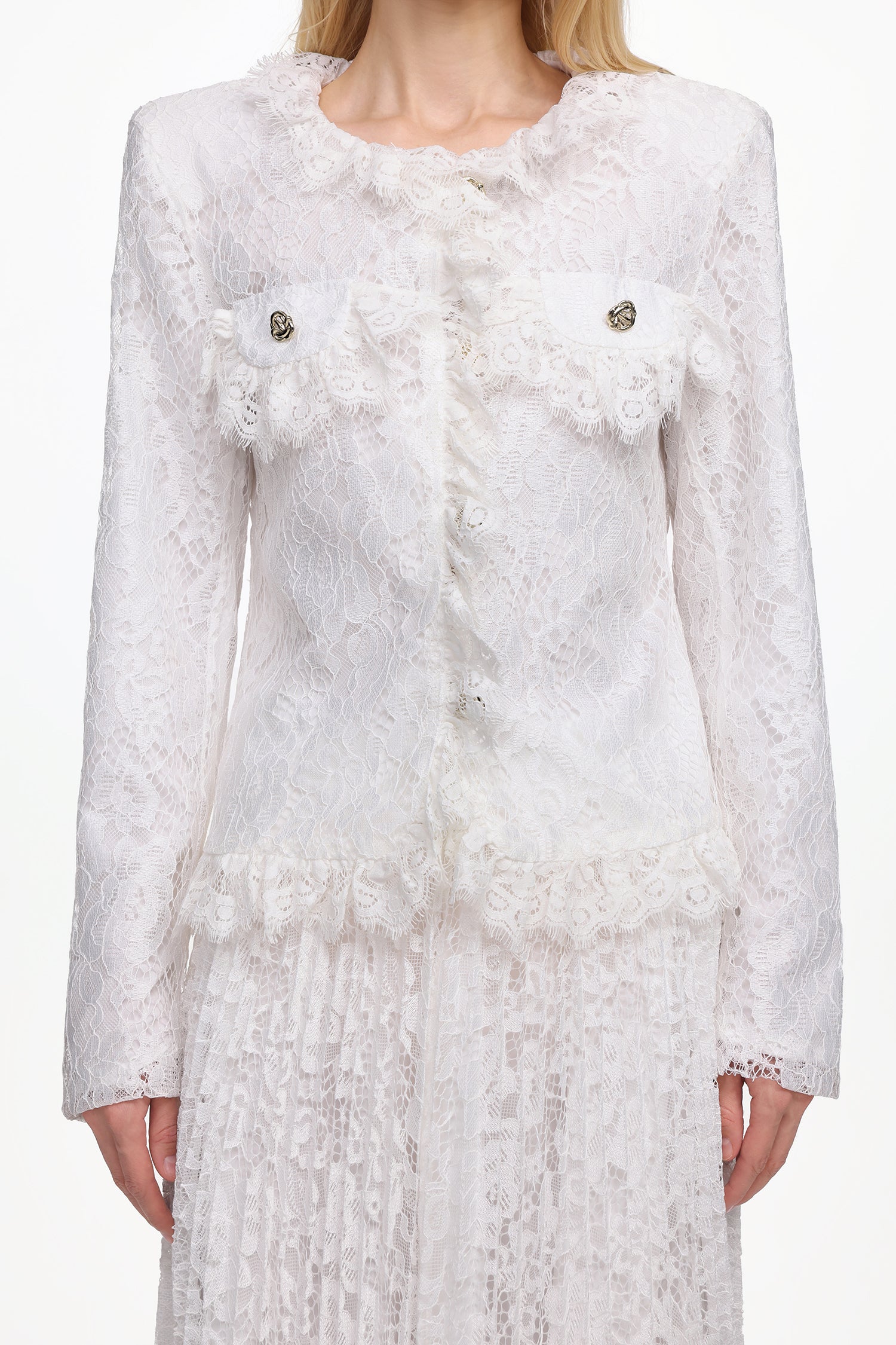 Saga Romantic Tailored Long Sleeve Lace Jacket and Skirt Set