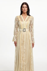 Lola Resort Flowy Long Sleeve Cut Out Lace Pleated Woven Maxi Dress