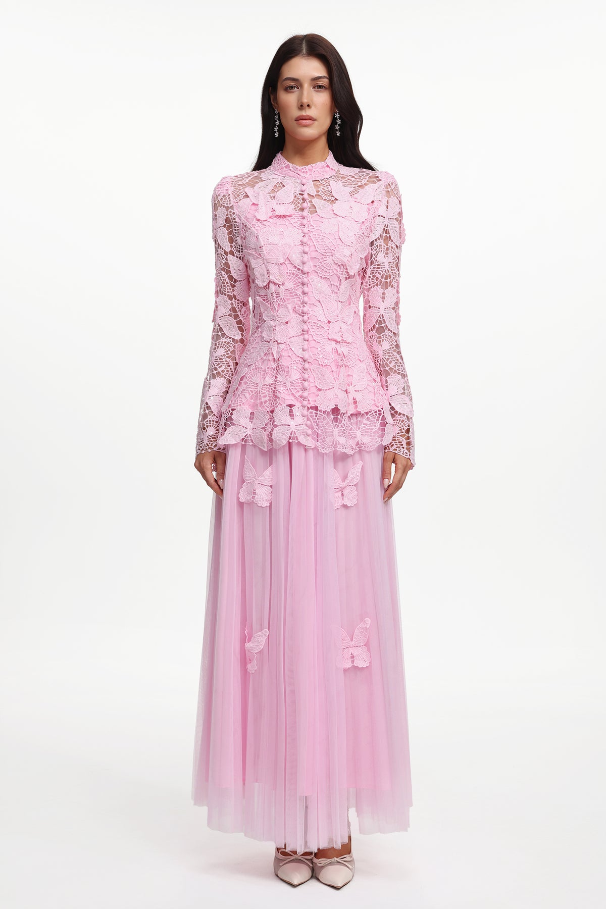 Verga Elegant Flowy Long Sleeve Butterfly Lace Woven Top And Skirt Two-Piece Set
