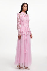 Verga Elegant Flowy Long Sleeve Butterfly Lace Woven Top And Skirt Two-Piece Set