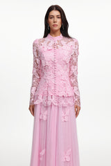 Verga Elegant Flowy Long Sleeve Butterfly Lace Woven Top And Skirt Two-Piece Set