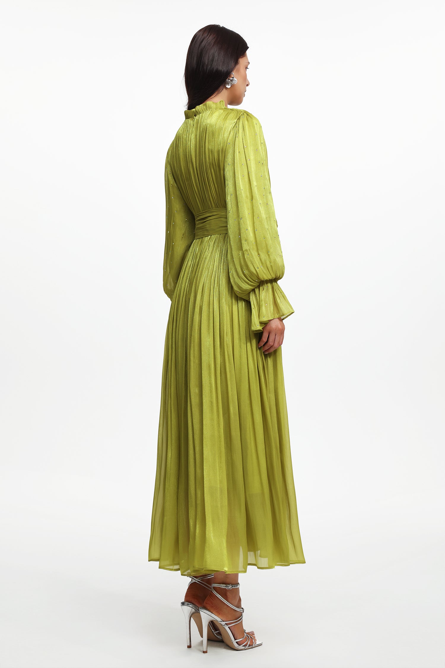 Ikira Resort Flowy Long Sleeve Floral Pleated Satin Maxi Dress