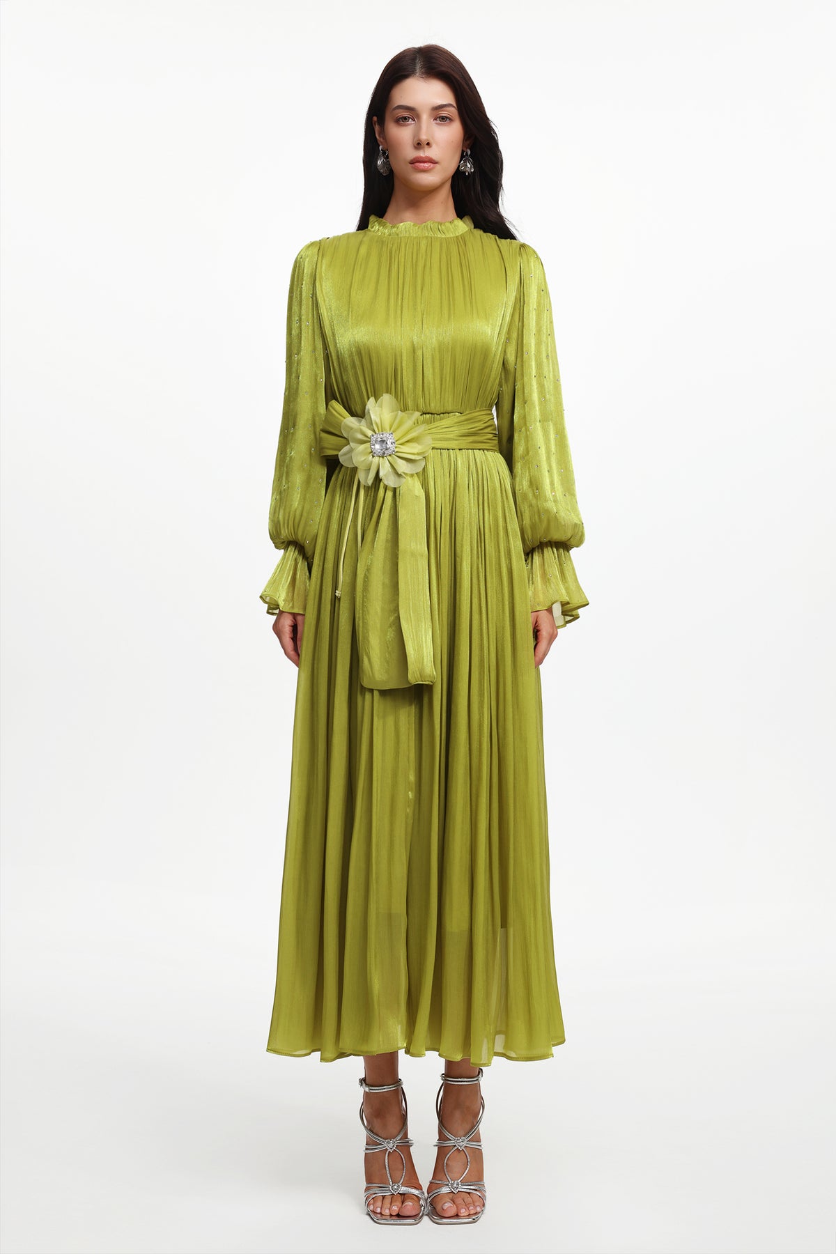 Ikira Resort Flowy Long Sleeve Floral Pleated Satin Maxi Dress