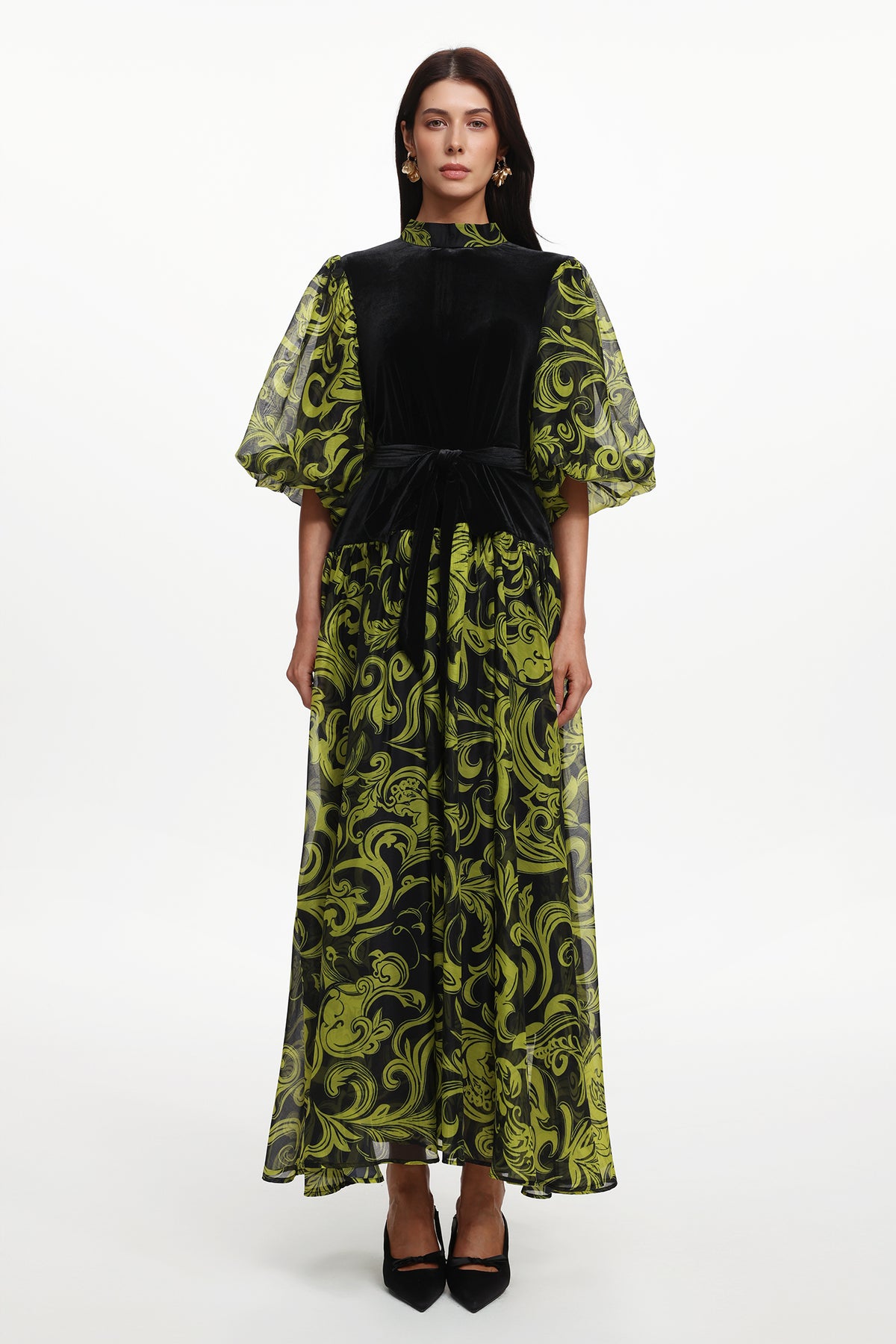 Secyij Resort Flowy Puff Sleeve Printed Woven Maxi Dress