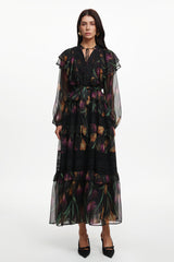 Gilian Resort Flowy Long Sleeve Floral Printed Ruffle Woven Maxi Dress