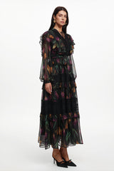 Gilian Resort Flowy Long Sleeve Floral Printed Ruffle Woven Maxi Dress