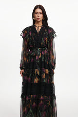 Gilian Resort Flowy Long Sleeve Floral Printed Ruffle Woven Maxi Dress
