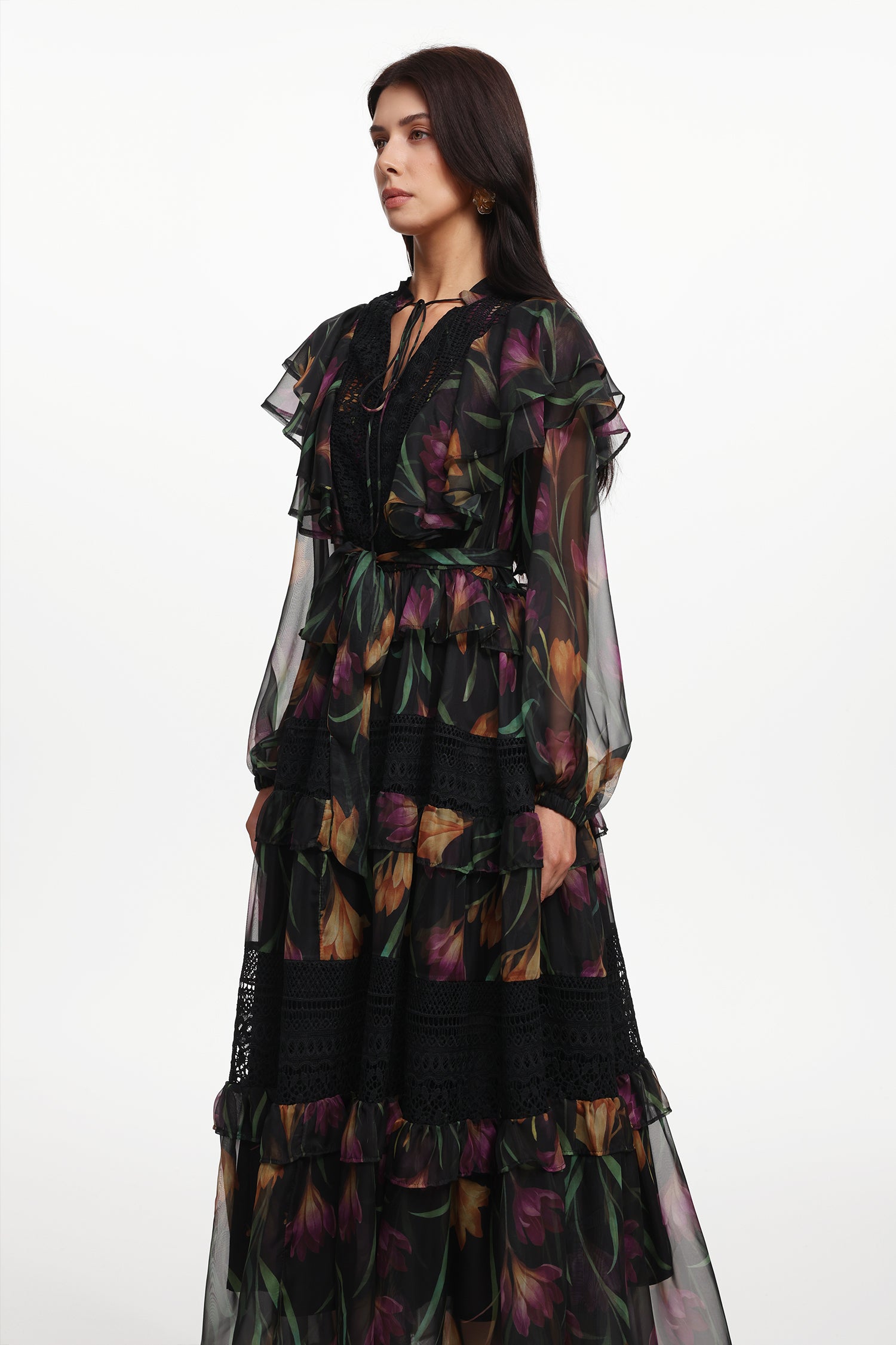 Gilian Resort Flowy Long Sleeve Floral Printed Ruffle Woven Maxi Dress