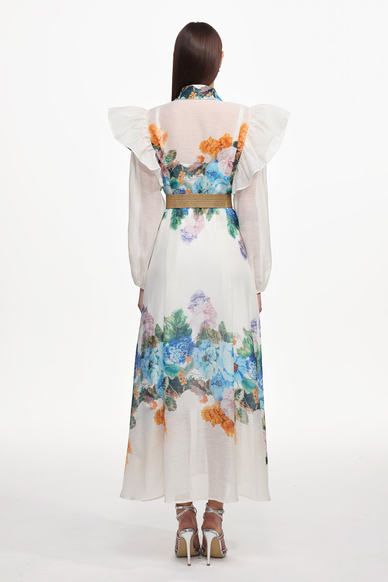 Sarada Resort Flowy Long Sleeve Ruffle Floral Print Woven Maxi Dress