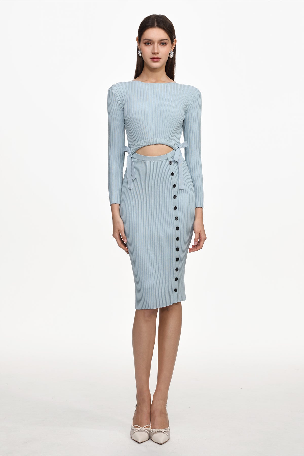 Viomo Chic Contour Round Neck Long Sleeve Buttoned Knit Midi Dress
