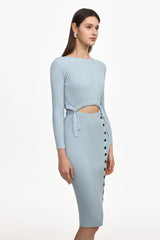 Viomo Chic Contour Round Neck Long Sleeve Buttoned Knit Midi Dress