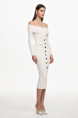 Temaie Elegant Contour Off Shoulder Long Sleeve Buttoned Knit Maxi Dress