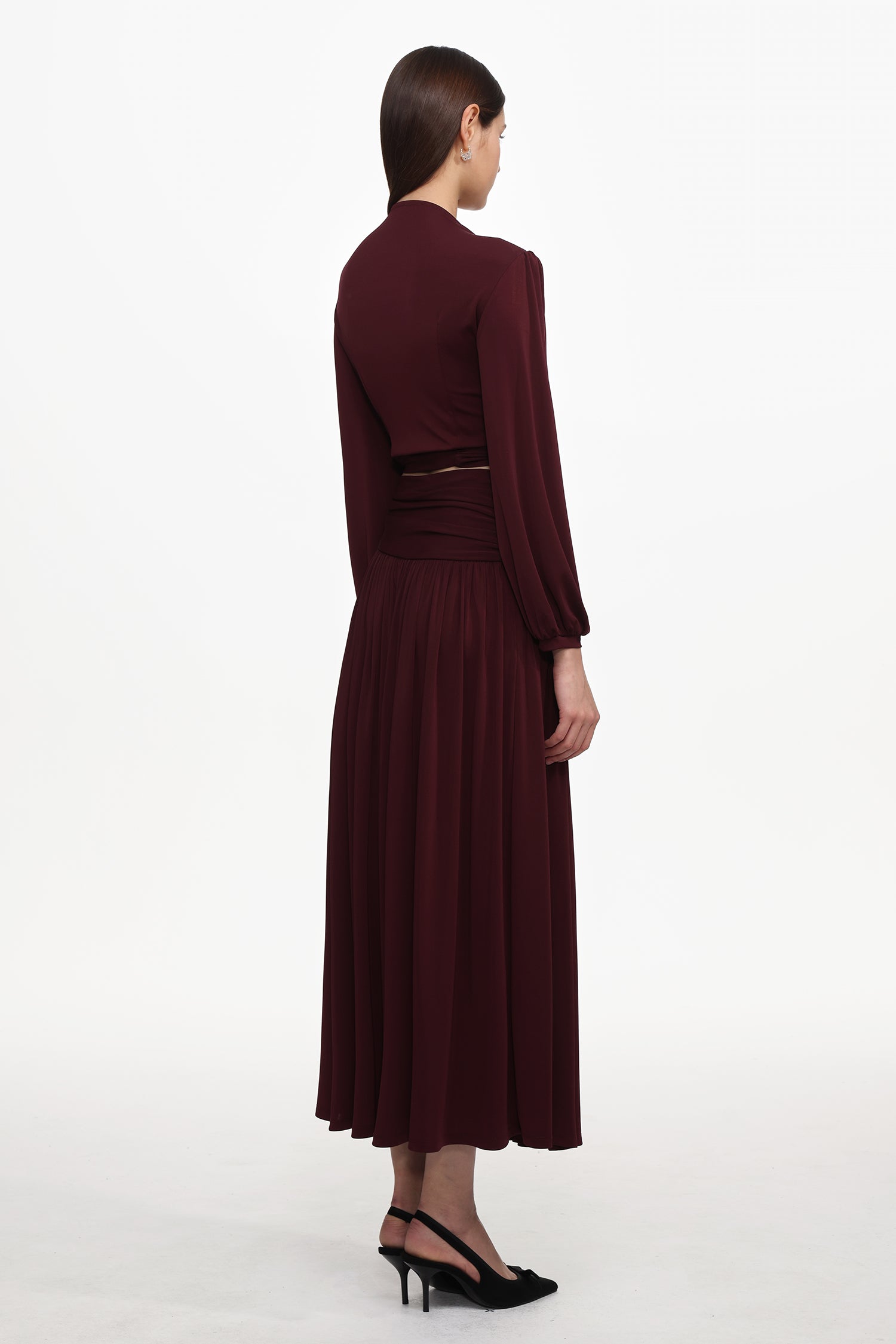 Nailah Resort Flowy V Neck Long Sleeve Ruched Woven Top And Skirt Set