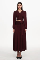 Nailah Resort Flowy V Neck Long Sleeve Ruched Woven Top And Skirt Set