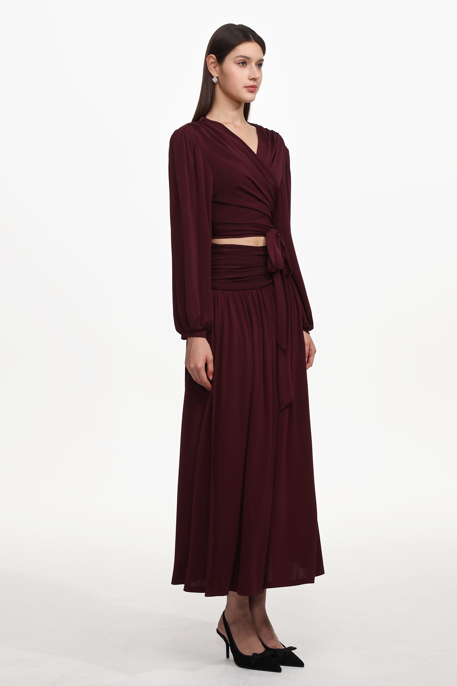 Nailah Resort Flowy V Neck Long Sleeve Ruched Woven Top And Skirt Set