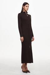 Evvie Chic Contour Long Sleeve Front Zip Knit Maxi Dress