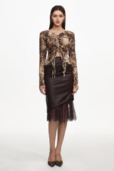 Yuhie Vintage Flocked Top And Faux Leather Skirt Set