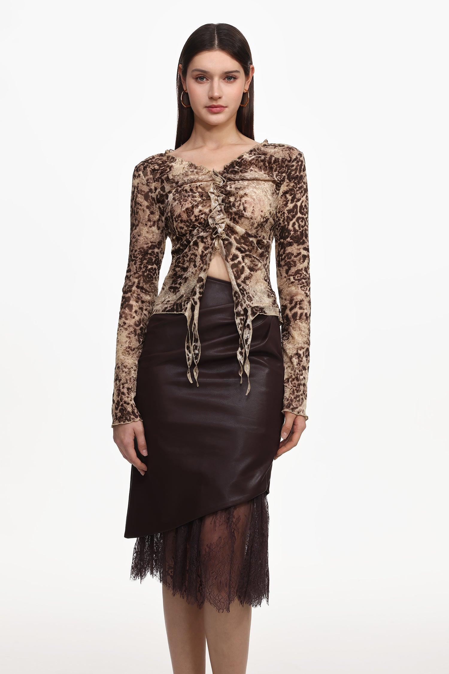 Yuhie Vintage Flocked Top And Faux Leather Skirt Set