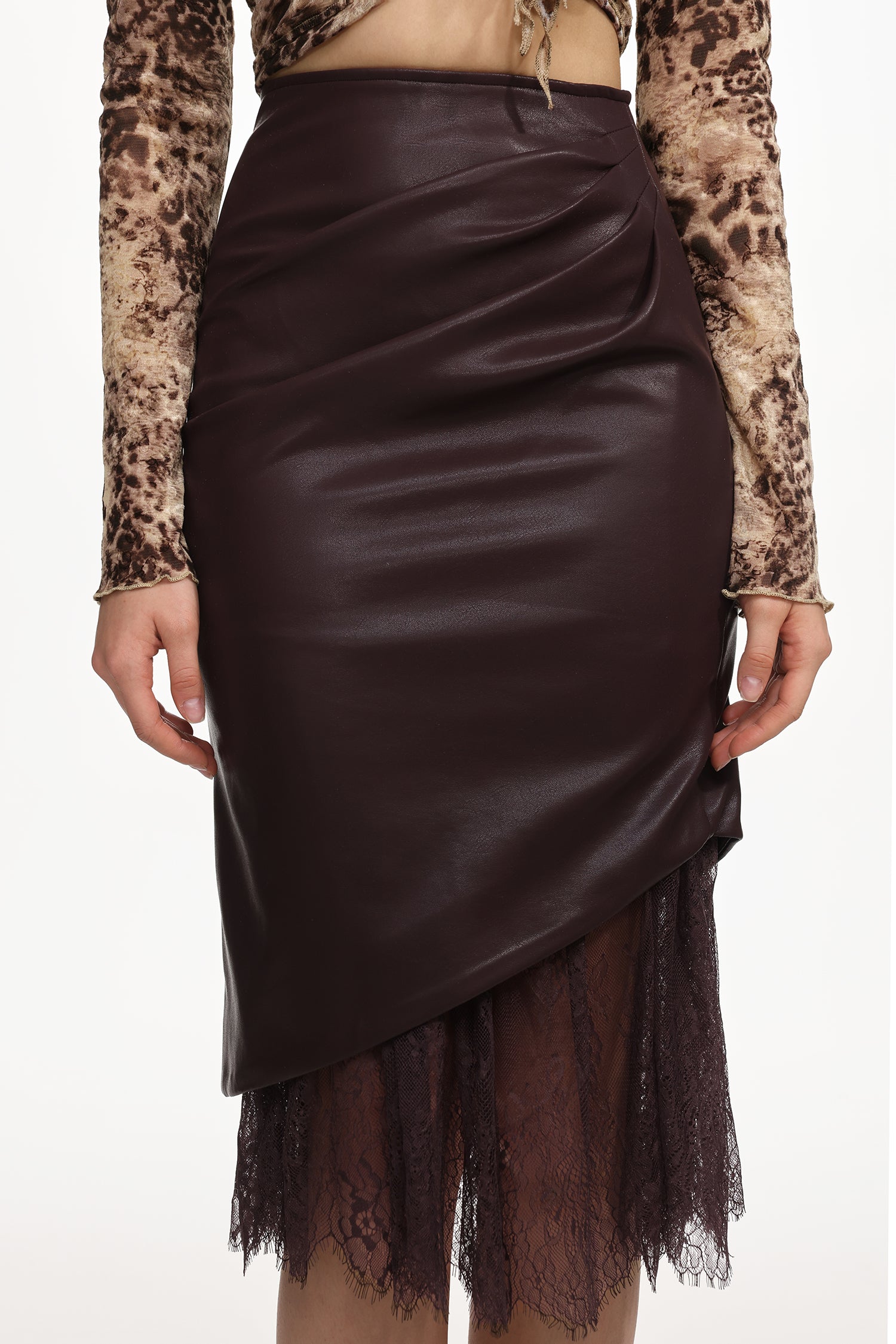 Yuhie Vintage Flocked Top And Faux Leather Skirt Set