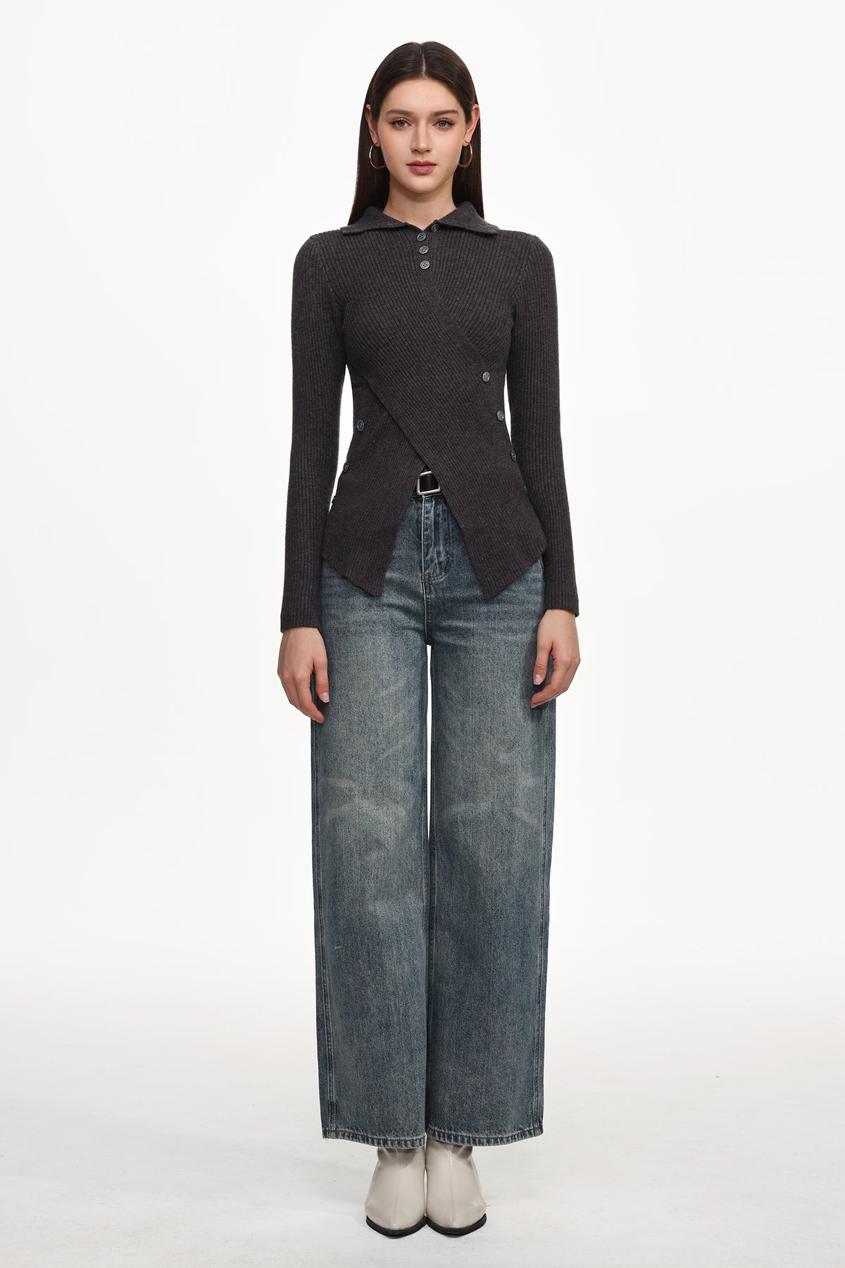 Dotty Chic Long Sleeve Buttoned Knit Top