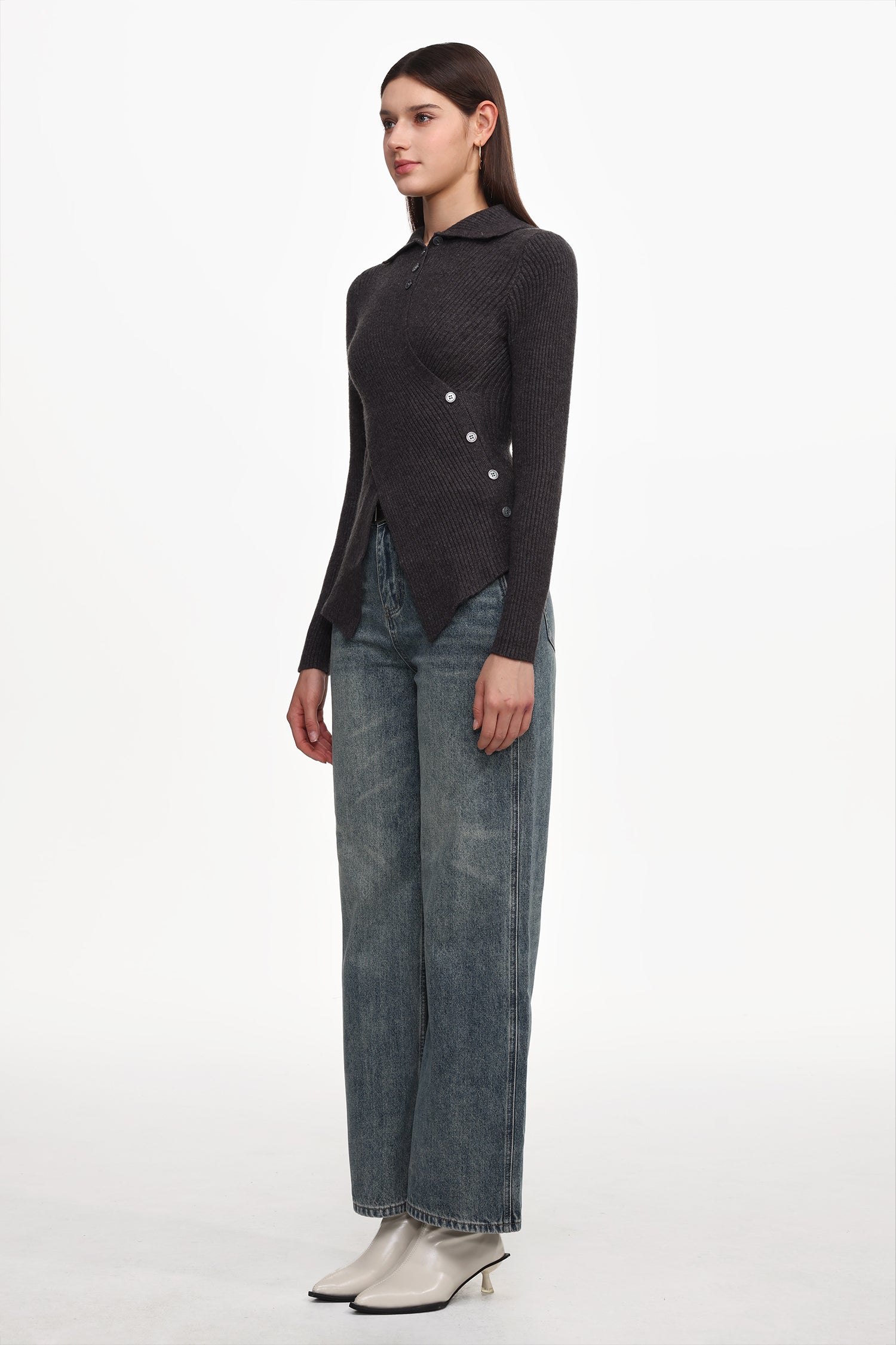 Dotty Chic Long Sleeve Buttoned Knit Top