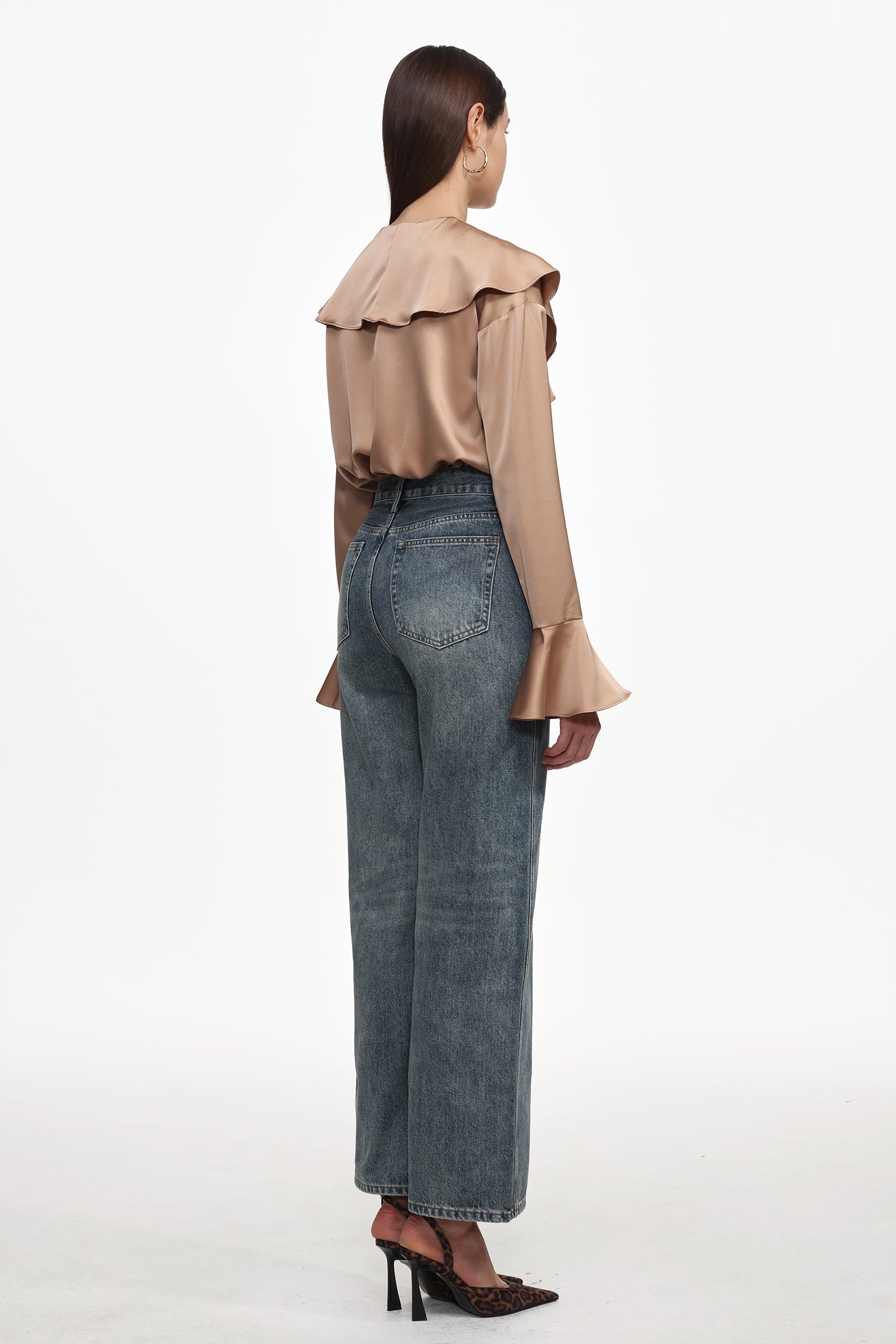 Minola Chic Flowy V Neck Long Sleeve Ruffle Satin Jumpsuit