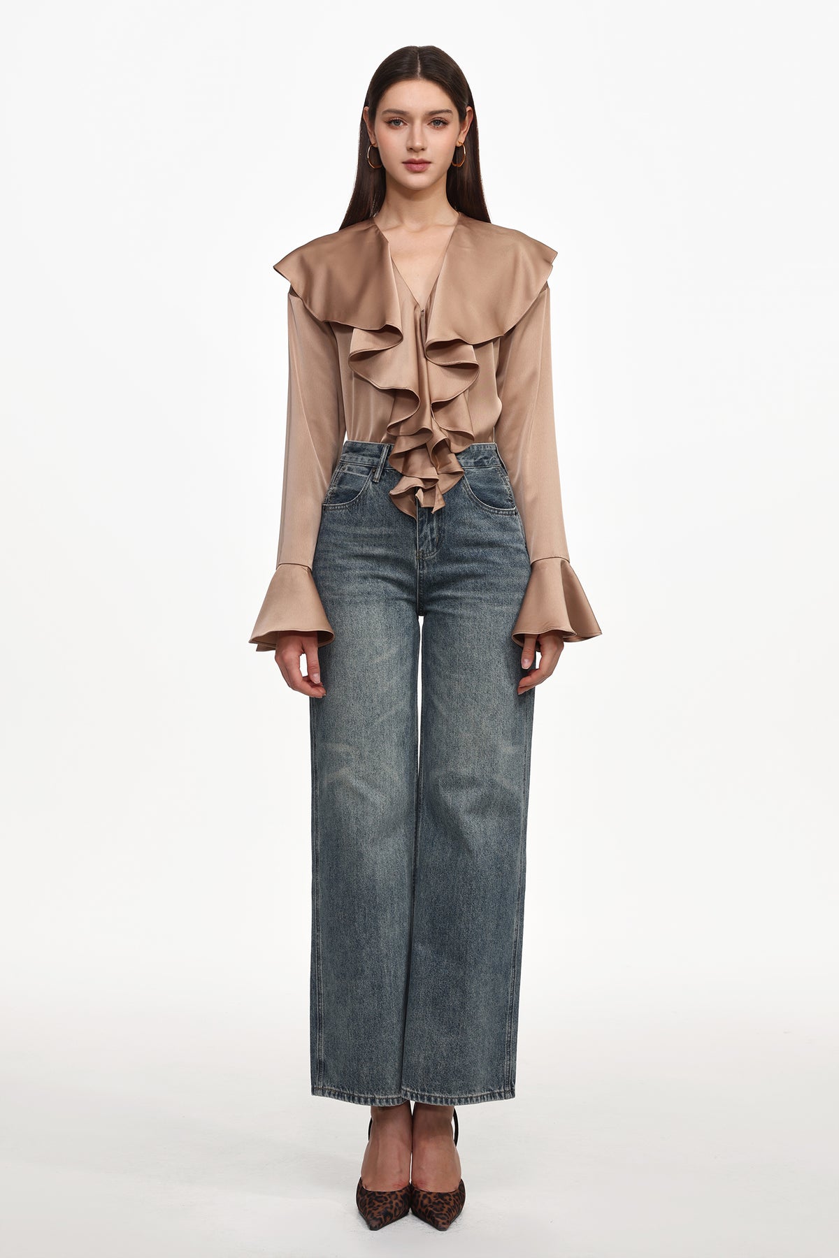 Minola Chic Flowy V Neck Long Sleeve Ruffle Satin Jumpsuit