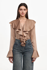 Minola Chic Flowy V Neck Long Sleeve Ruffle Satin Jumpsuit
