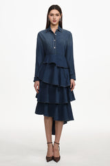 Imola Chic Flowy Long Sleeve Asymmetric Ruffle Denim Top And Skirt Set