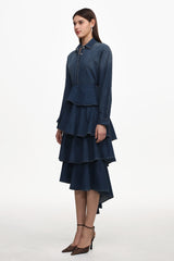 Imola Chic Flowy Long Sleeve Asymmetric Ruffle Denim Top And Skirt Set