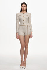 Geralynne Classic Tailored Round Neck Long Sleeve Buttoned Woven Mini Jumpsuit