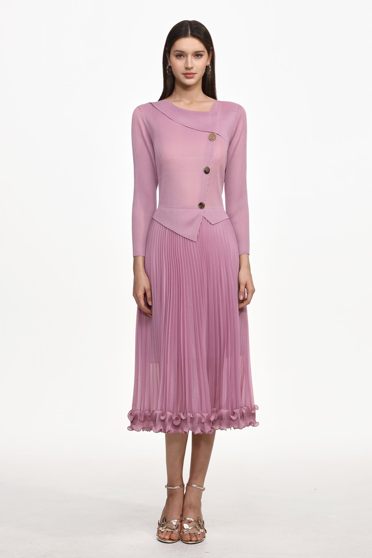 Lalie Resort Flowy Long Sleeve Ruffle Pleated Knit Maxi Dress