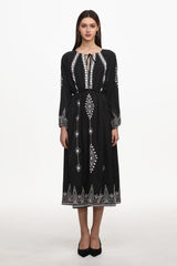 Wedasa Resort Flowy Round Neck Long Sleeve Print Woven Maxi Dress