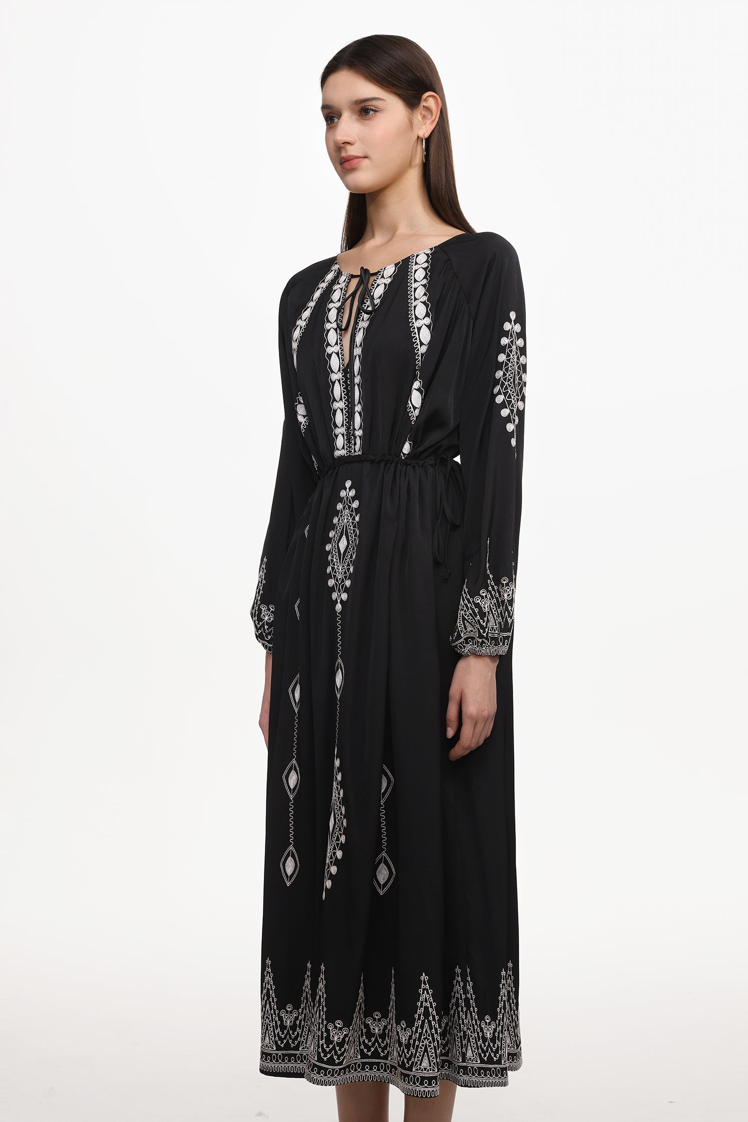 Wedasa Resort Flowy Round Neck Long Sleeve Print Woven Maxi Dress