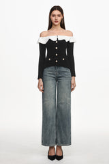 Mignon Vintage Contour Off Shoulder Long Sleeve Buttoned Ruffle Woven Top