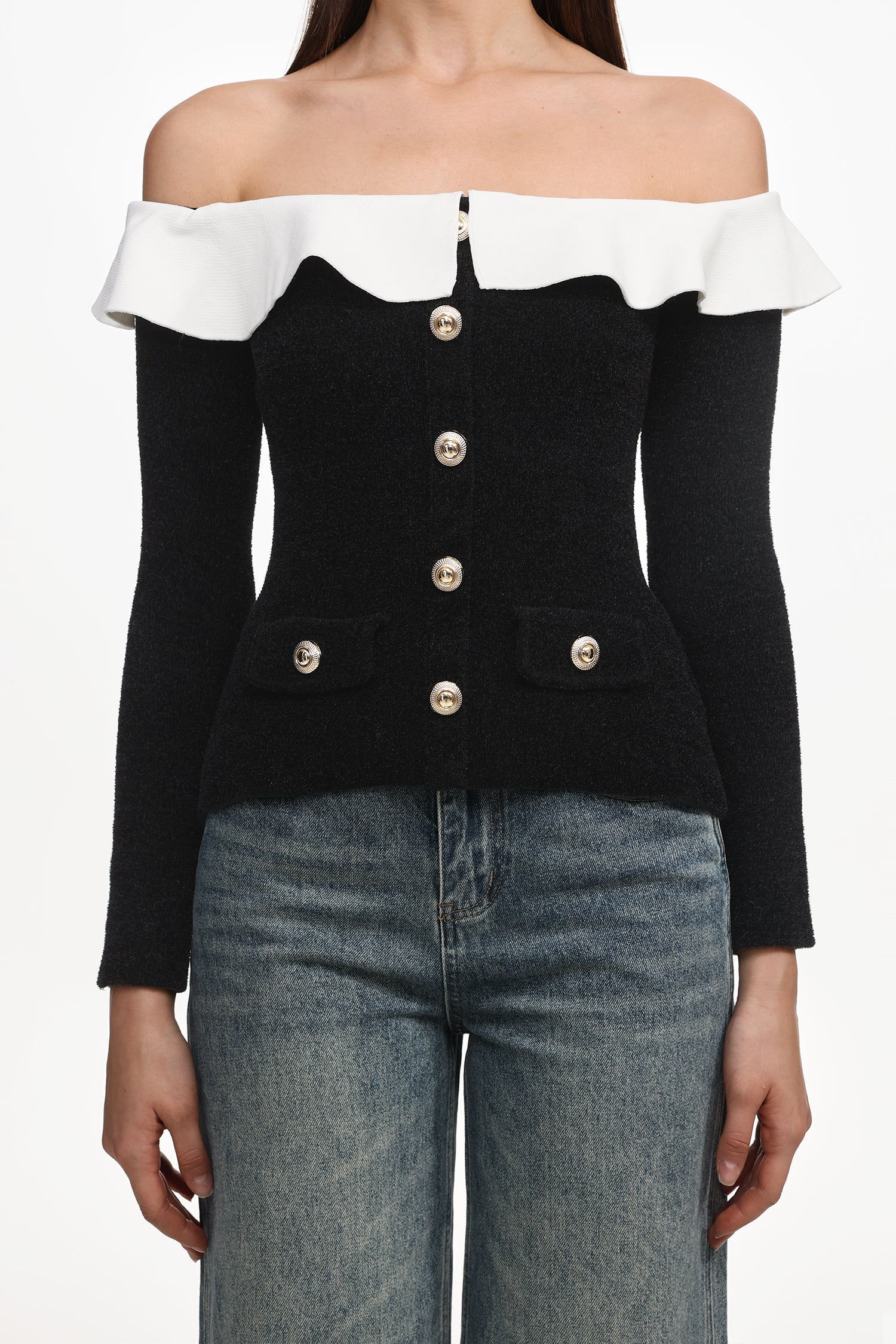Mignon Vintage Contour Off Shoulder Long Sleeve Buttoned Ruffle Woven Top
