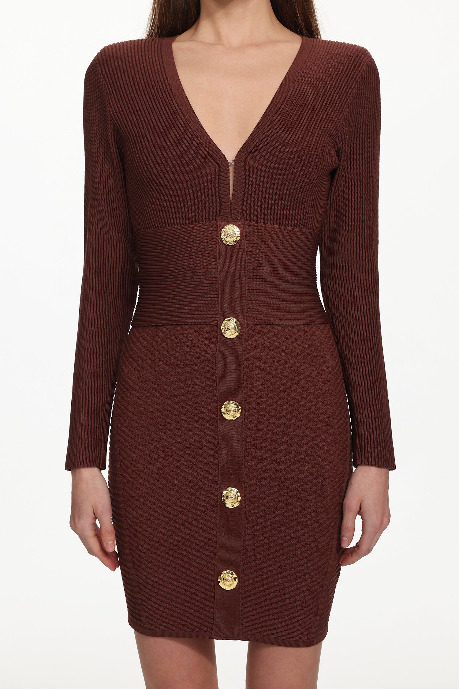 Davo Classic Contour V Neck Long Sleeve Buttoned Knit Mini Dress