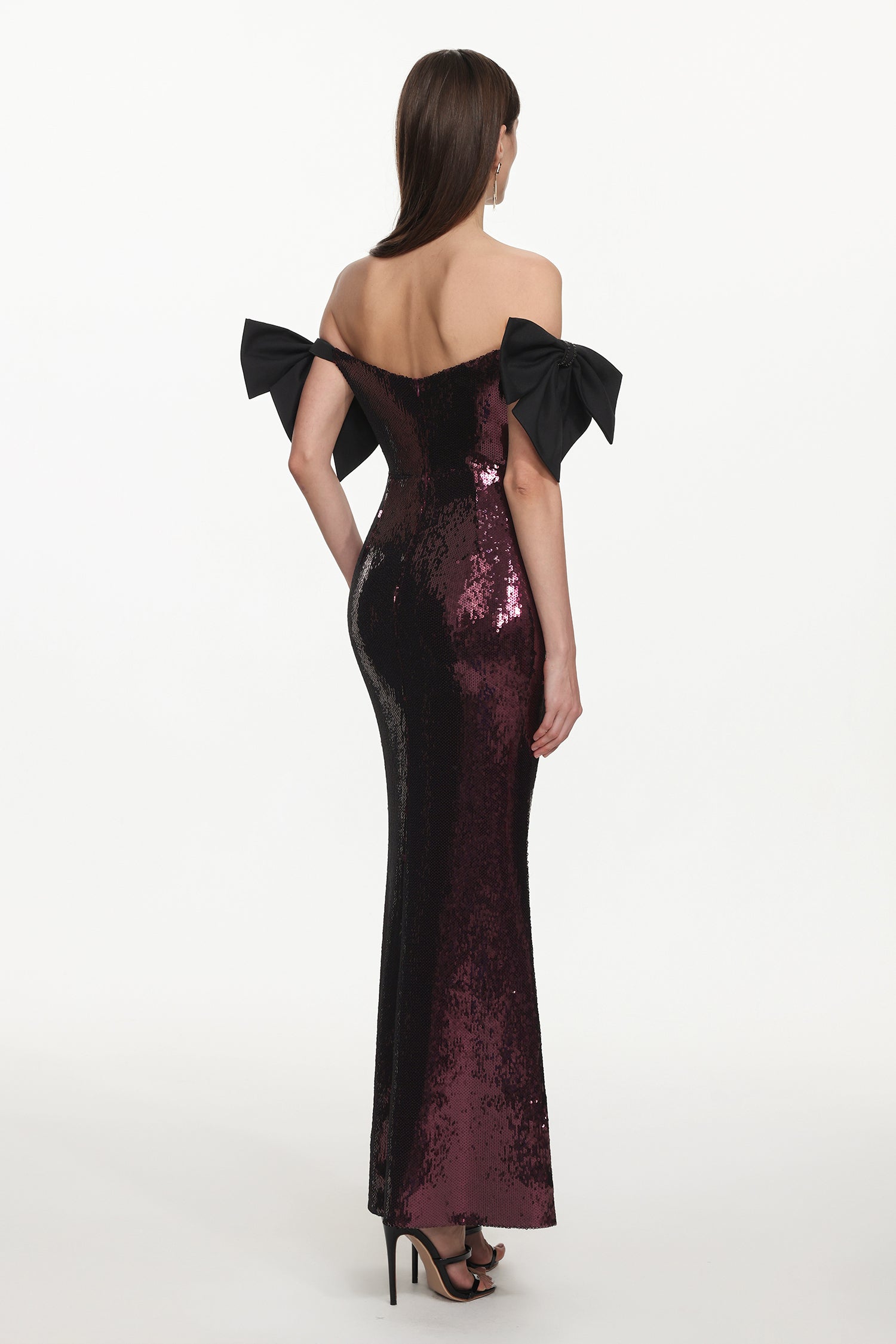 Uzaco Glamorous Contour Off Shoulder Bow Sequin Maxi Dress