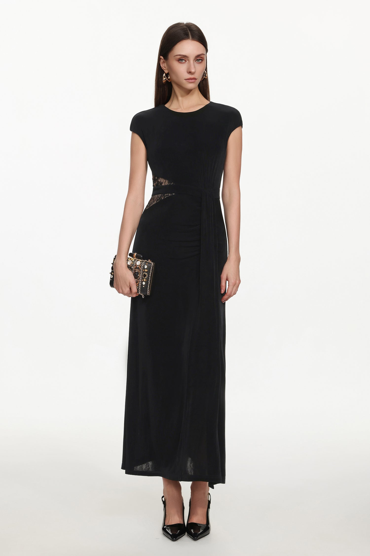 Viaua Chic Contour Sleeveless Cut Out Lace Knit Maxi Dress